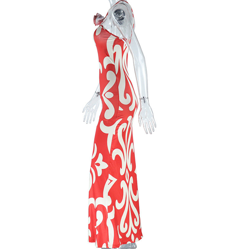 Fashion Printed Sexy Sleeveless Halter Neck Flower Decoration Bodycon Dress 7