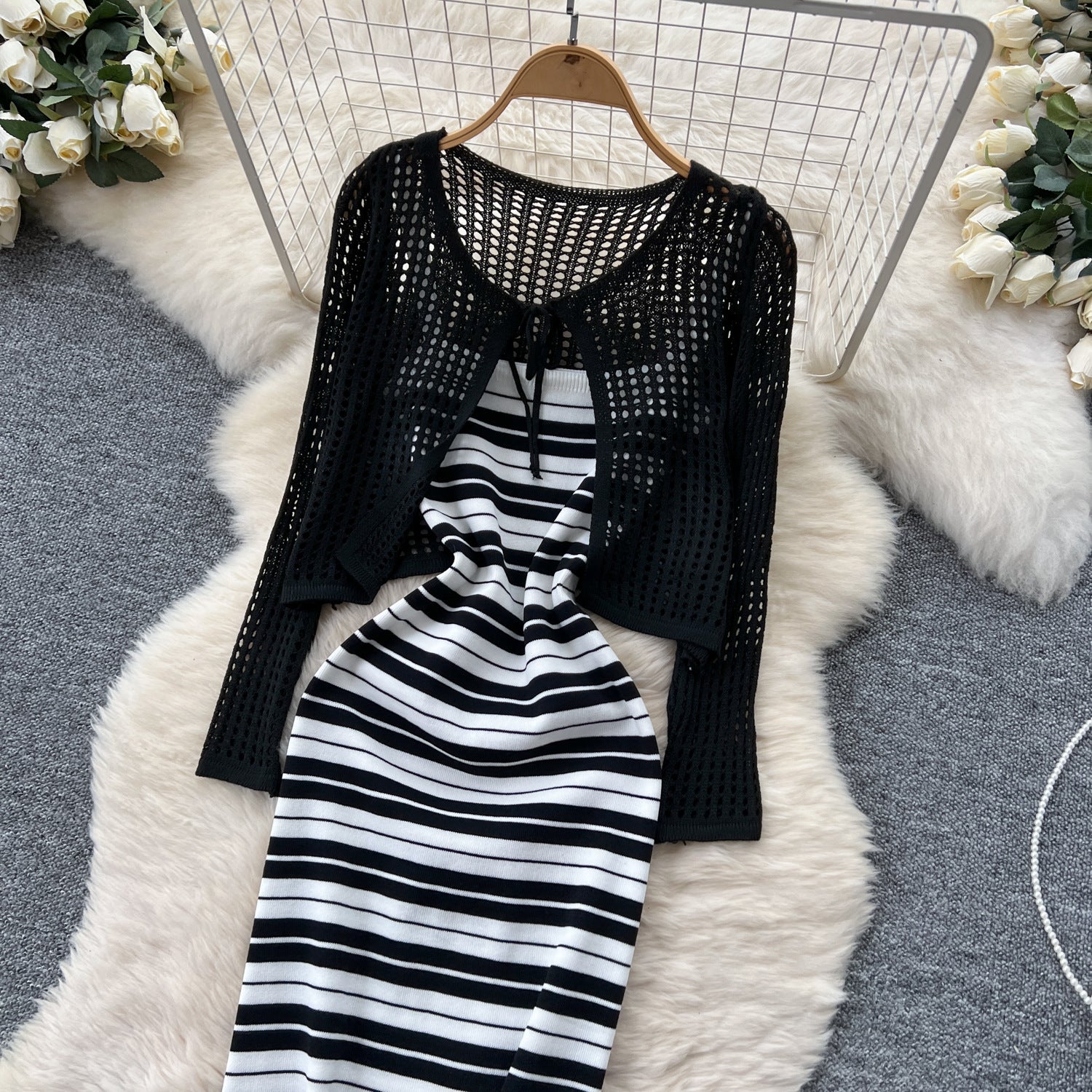 Tie Up Cardigan Low Back Strap Slim Fit Chic Stripes Knitting Dress 22