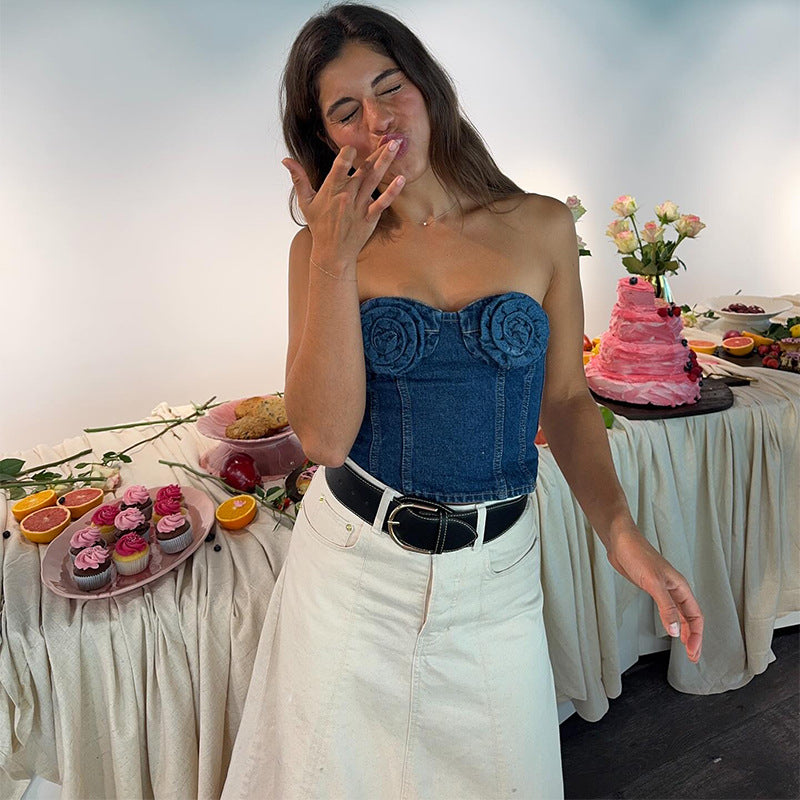 Autumn Women's Floral Layered Casual Style Denim Strap Dress 4