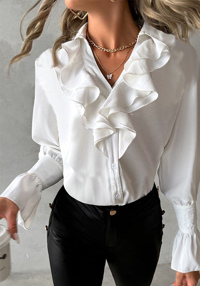 Autumn Fashion Ruffled Long Sleeve V-Neck Solid Color Women's Shirt