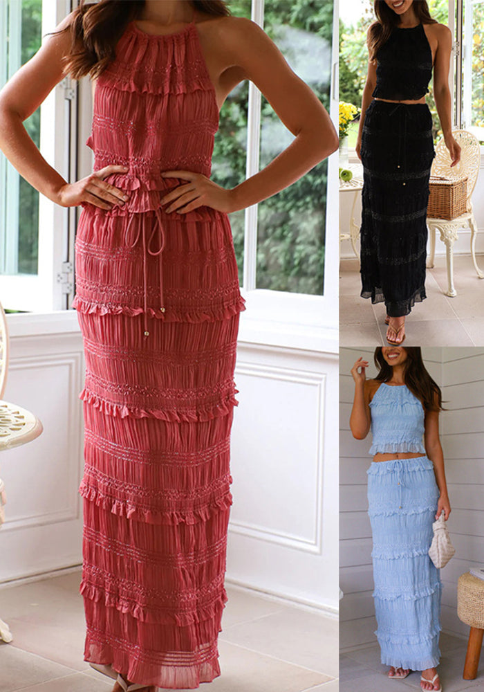 Women Spring Summer Sleeveless Chiffon Top and Skirt Two-piece Set