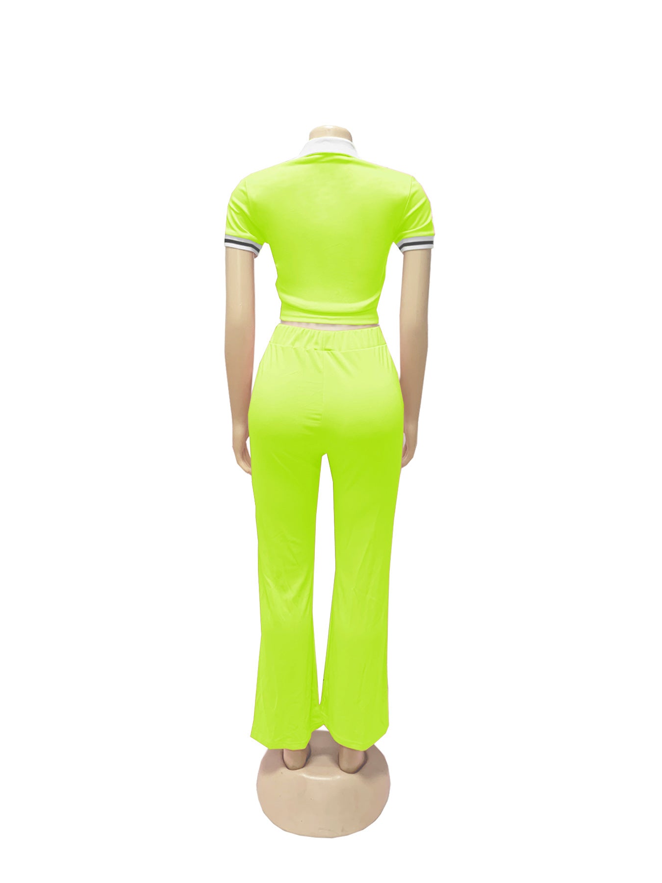 Women Spring and Summer Casual Polo Neck Top and Wide Leg Pants Contrast Color Casual Two Piece Set 12