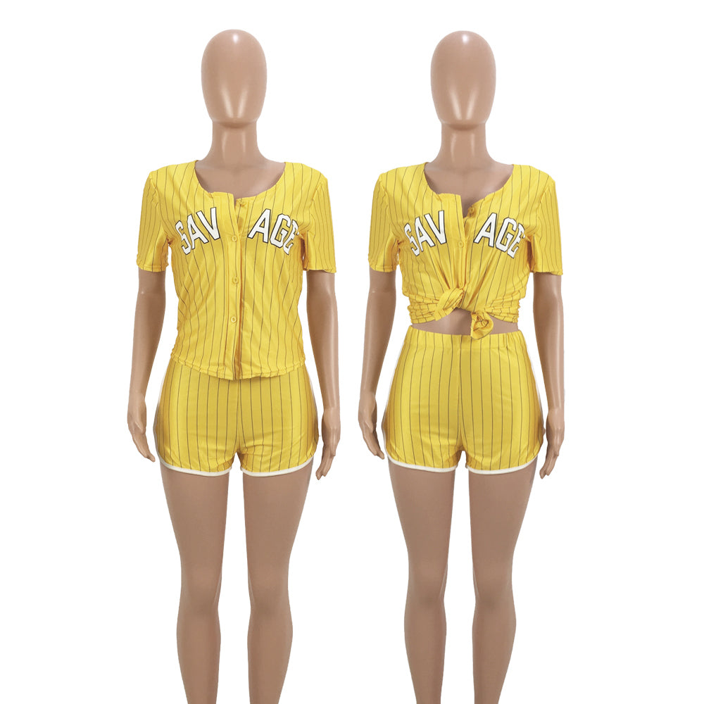 Women Sexy Women Striped Letter Baseball Top and Skirt Two-piece Set 36