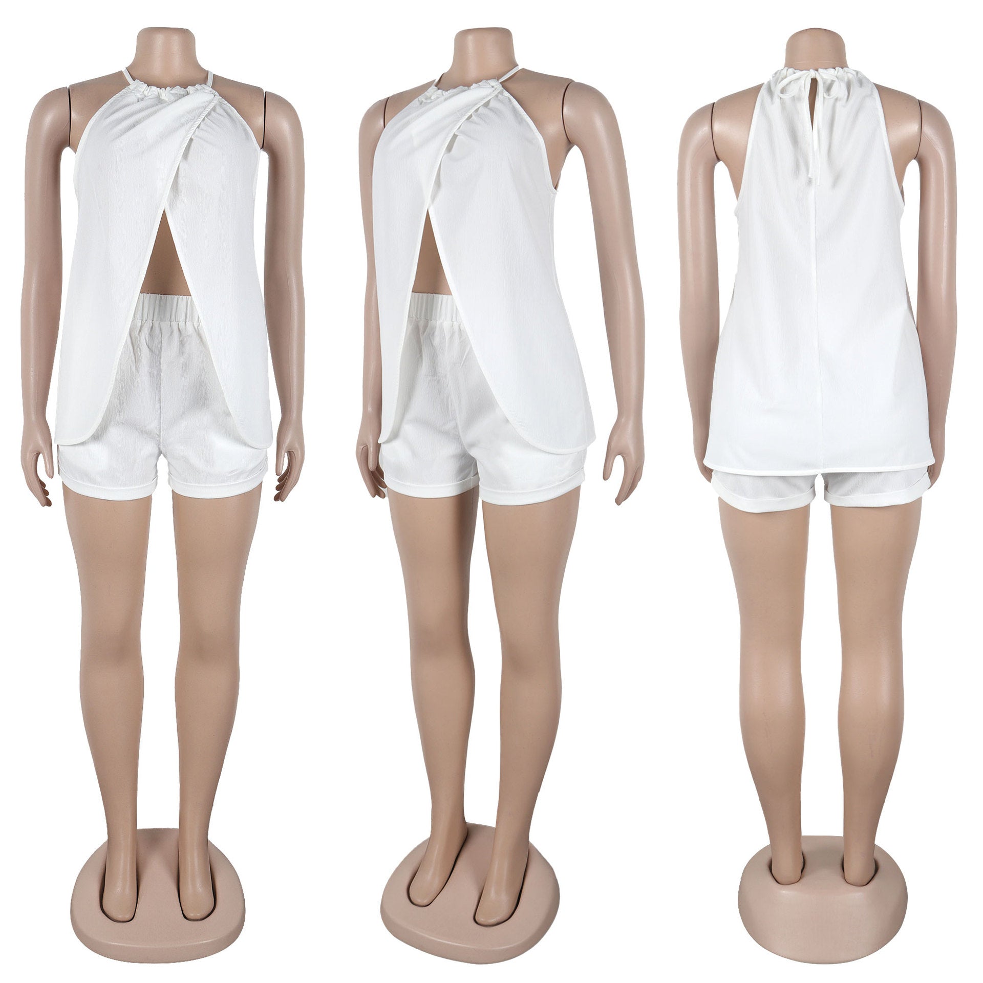 Women sexy solid slit halter neck lace-up sleeveless top and shorts two-piece set 28