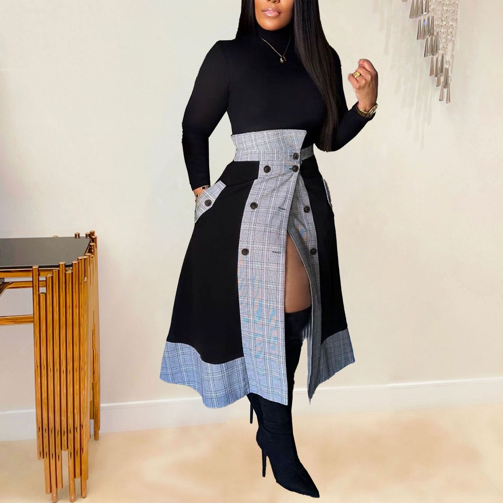 Slim-Fitting Long-Sleeved Turtleneck Plaid Slit Two-Piece Midi Skirt Set