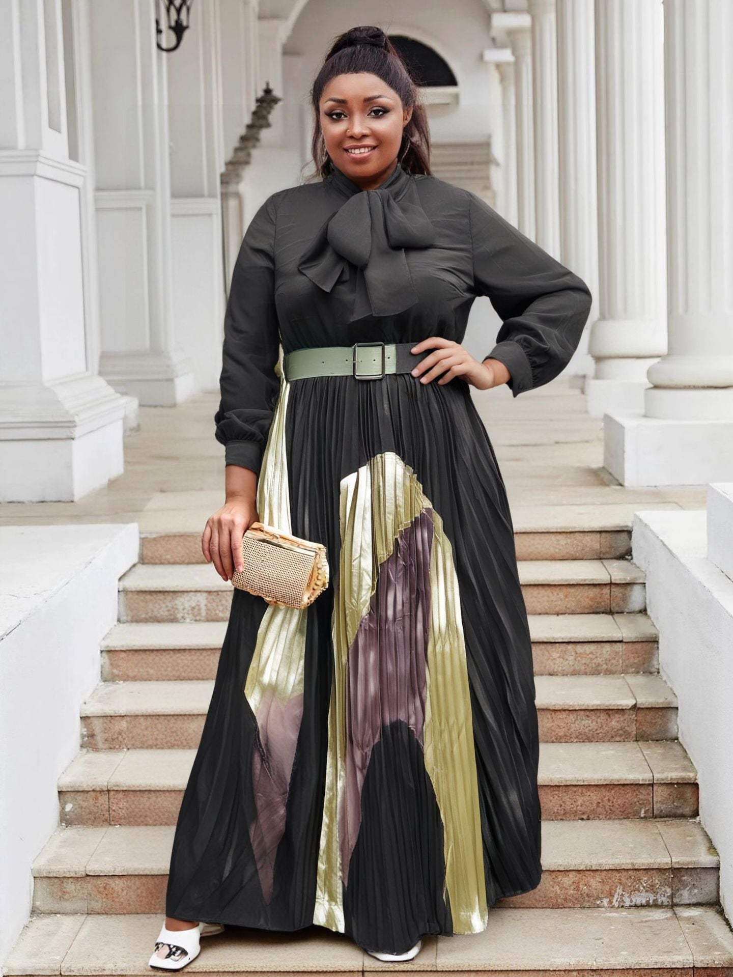 Plus Size Women lace-up long sleeve color matching pleated dress 10