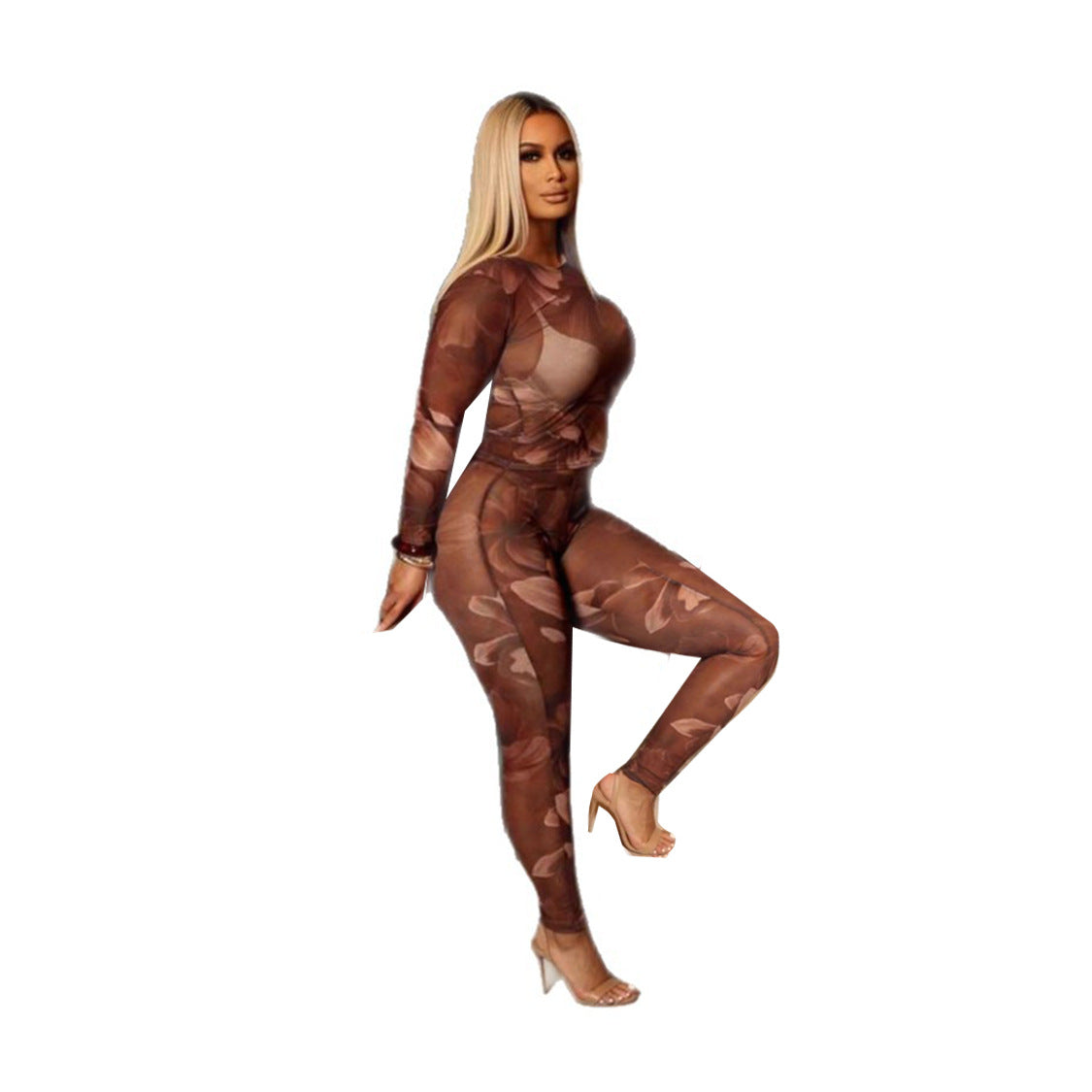 Autumn Winter Women's Hot Style Floral Print Sexy Round Neck Long Sleeve Tight-Fitting Pants Set 9