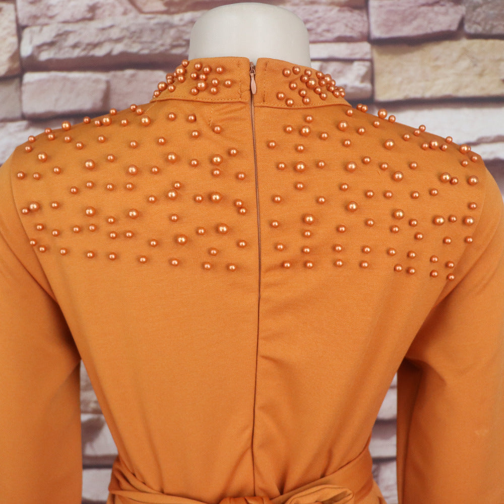 Women African Elegant Stand Collar Beaded Belt Pocket Dress 16