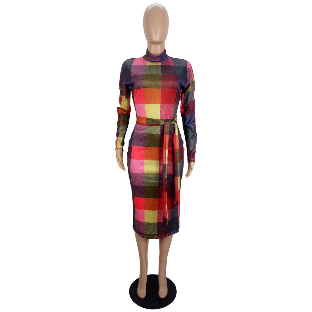 Women's Fashion Positioning Contrast Print Side Slit Slim Dress With Belt 9