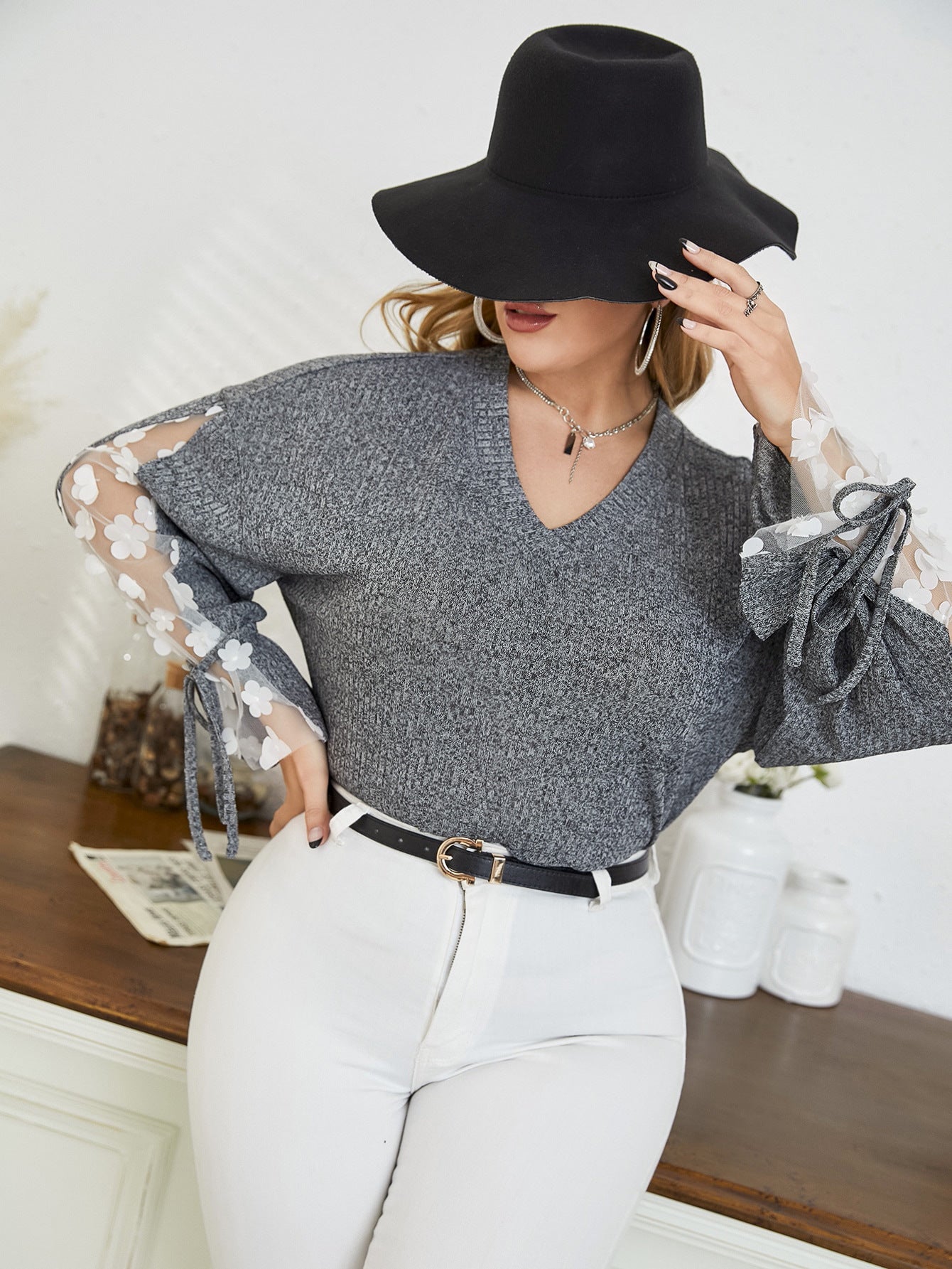 Plus Size Women's Long Sleeve Career Loose Lace Bow Top 4