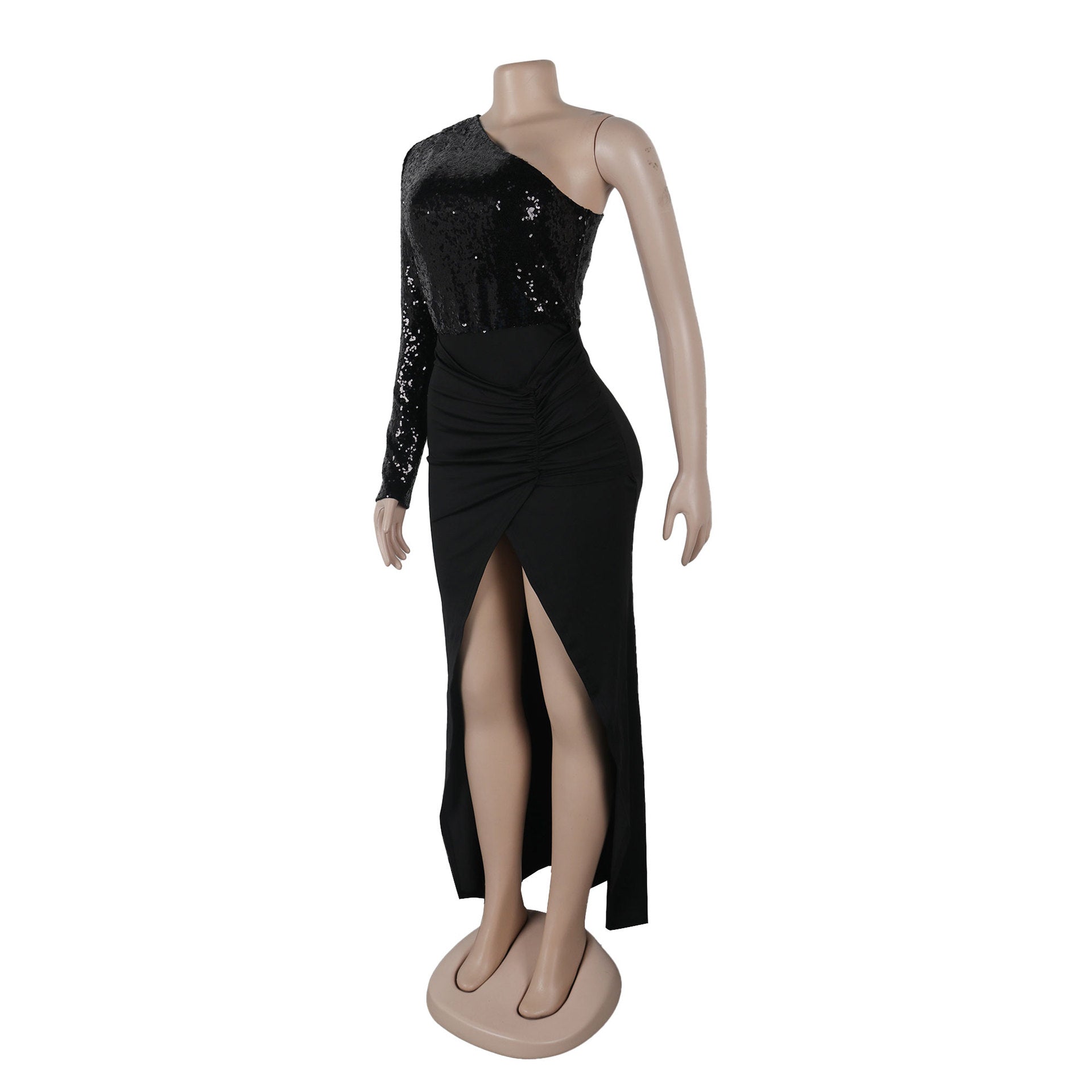 One-Shoulder Long-Sleeved Slim Waist Slit Sequin Dress 5