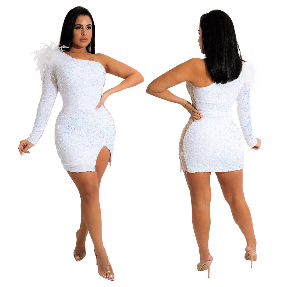 Women Sexy One-shoulder Sequin Slit Bodycon Dress