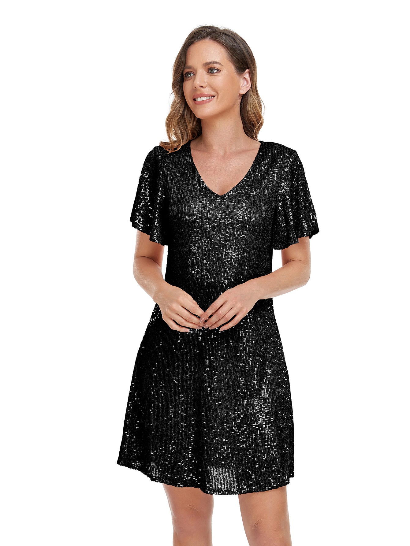 Shiny Sequin Short Sleeve V Neck Elegant Party Dress 15