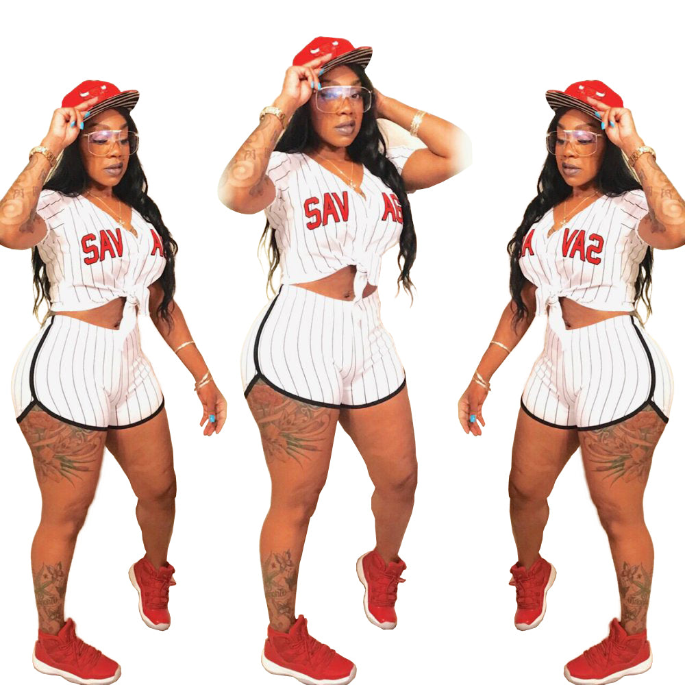 Women Sexy Women Striped Letter Baseball Top and Skirt Two-piece Set 61