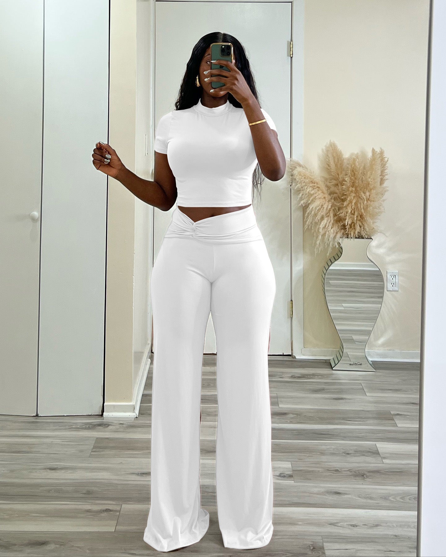 Women Summer Solid Stretch Knot Top and Wide Leg Pants Two-Piece Set 3