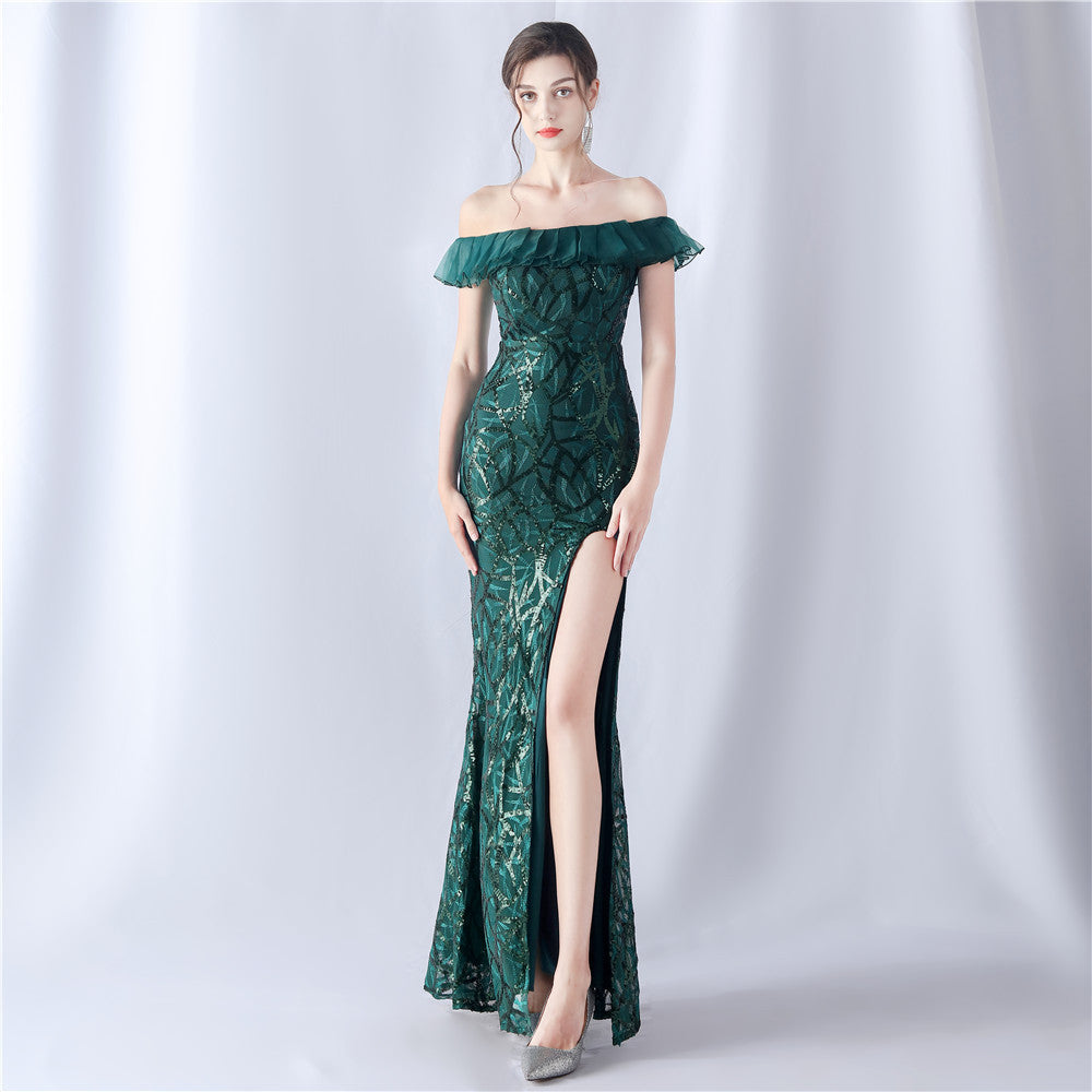 Women sequined ruffle off-the-shoulder Evening Dress 6