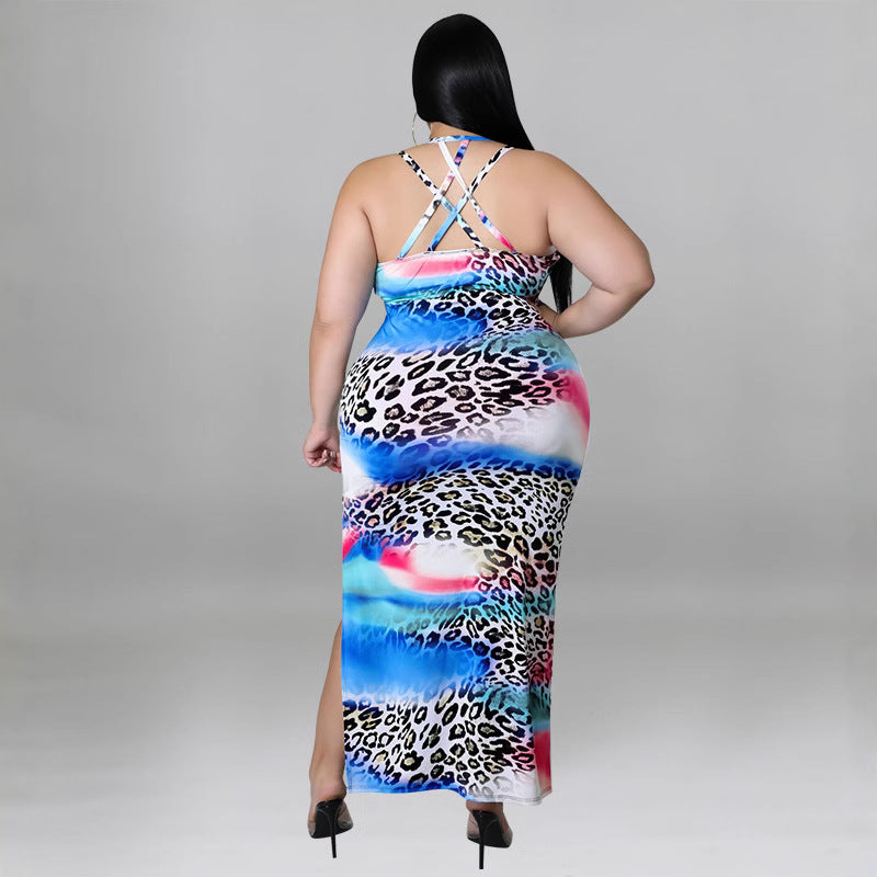 Plus Size Women suspender sexy rainbow leopard print Bodycon Dress 4