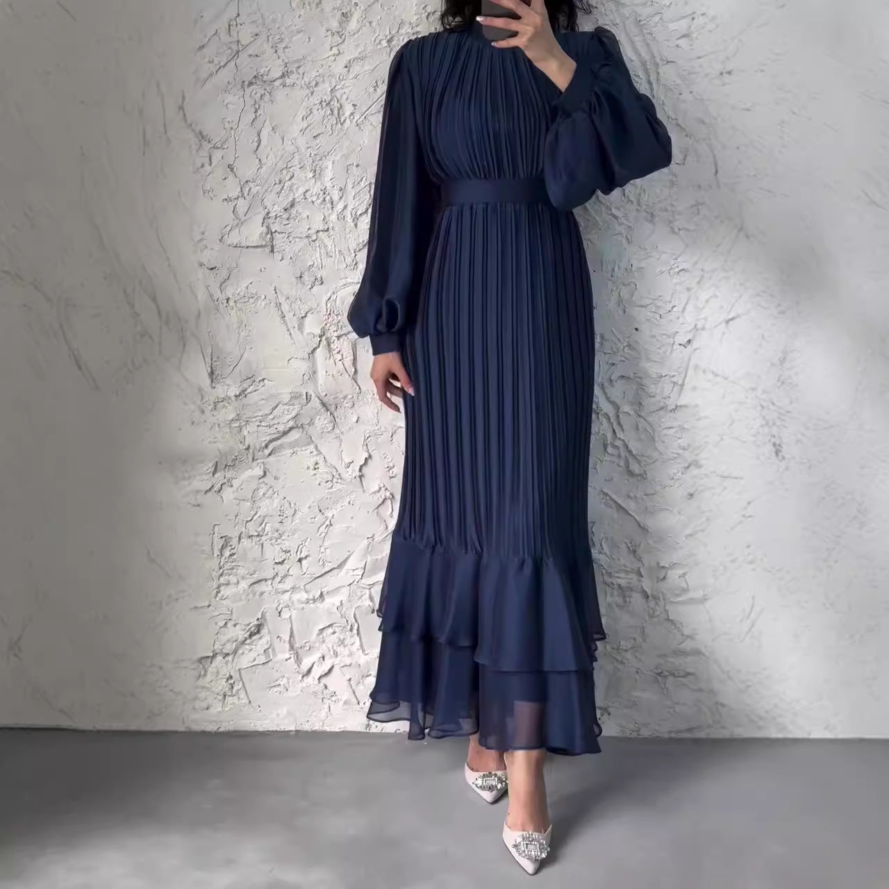 Autumn Fashion Solid Color Mesh Patchwork Pleated Dress For Women 7