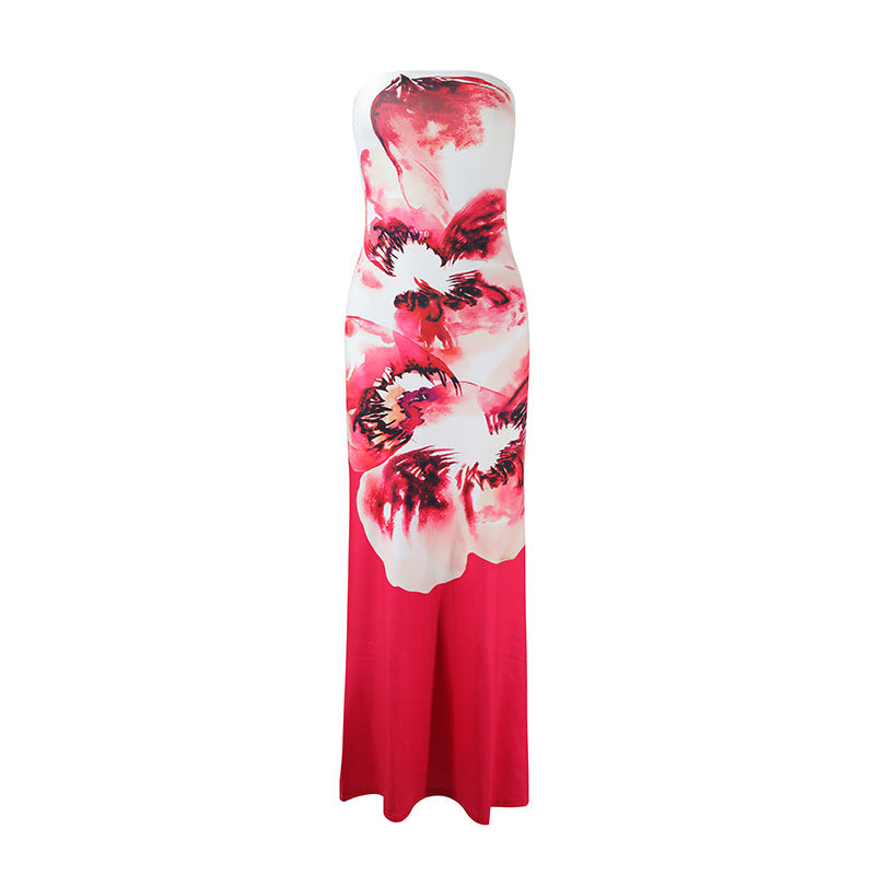 Summer Chic Sexy Strapless Floral Printed Slim Long Holiday Dress 14