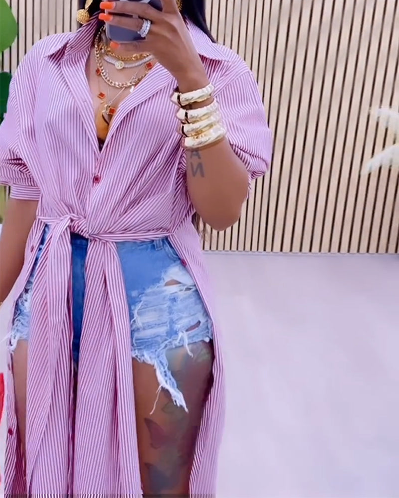 Women Striped Split Lace-Up Long Sleeve Shirt 7