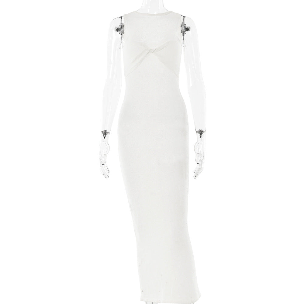 Spring And Summer Sexy And Fashionable Sleeveless Knitting Knot Round Neck Slim Long Dress 10