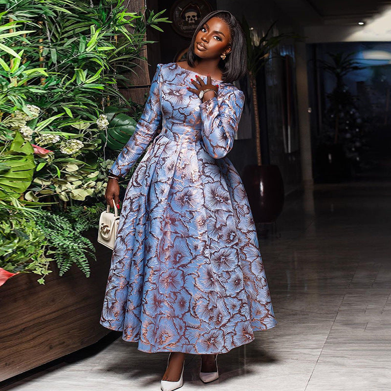 Women Spring Round Neck Long Sleeve Maxi Pleated Dress 5