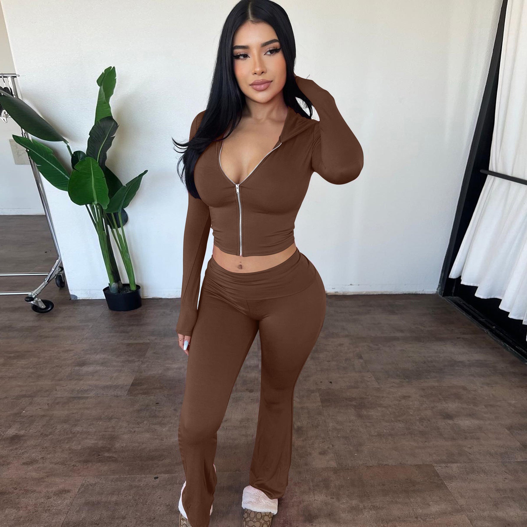 Women's autumn and winter zipper long sleeve hooded top Bell Bottom pants fashion Casual two piece set 4