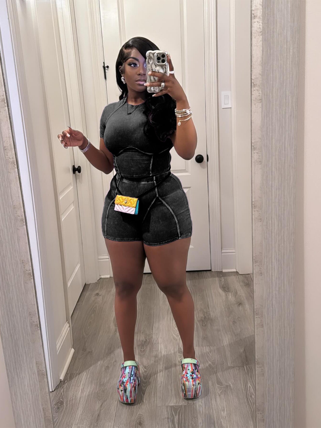 Women Fashion Ribbed Washed faded two-piece shorts set 7