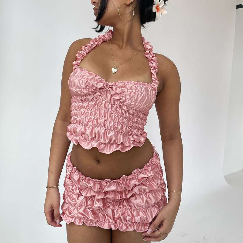 Summer Women style pleated Halter Neck suspender vest and Mini Skirt two-piece suit 3