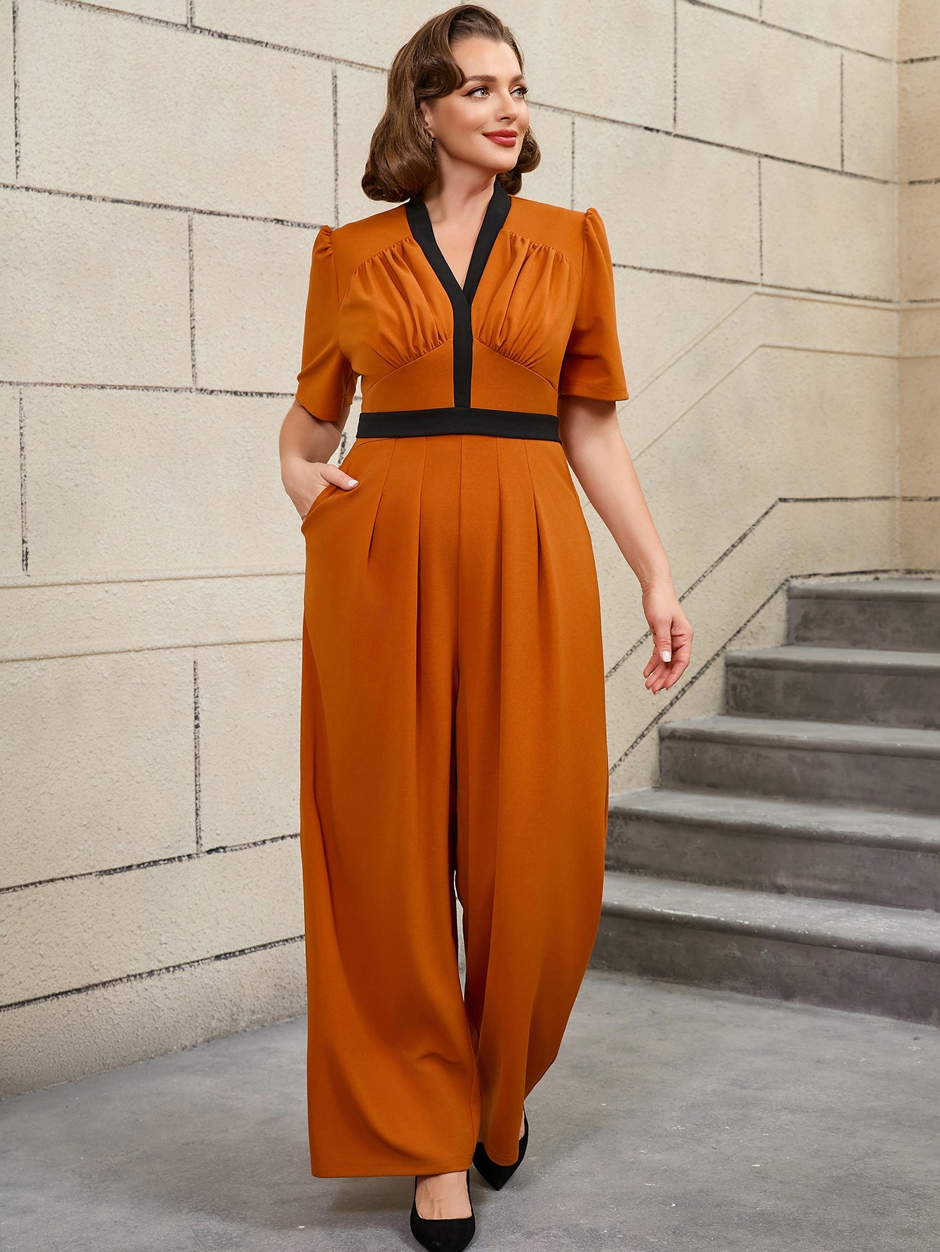 Plus Size V-Neck Pleated Color-Matching Slim Waist Elegant Wide-Leg Jumpsuit