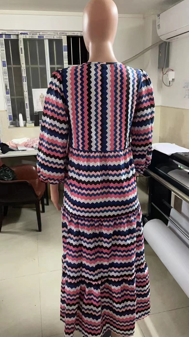 Women Summer Geometric Patch Puff Sleeve Dress 51