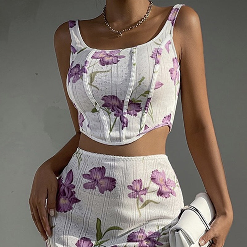Women's Sexy Printed Camisole Slim Bodycon Skirt Two Piece Set 12