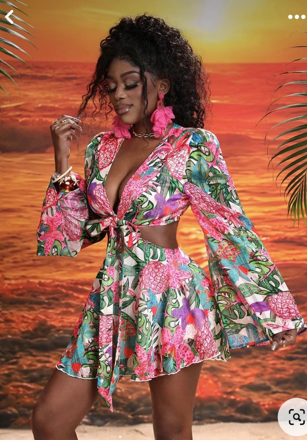 Women's Spring Summer Floral Deep V Bell Bottom Sleeve Tied Crop Top Short Skirt Two-Piece Set 5