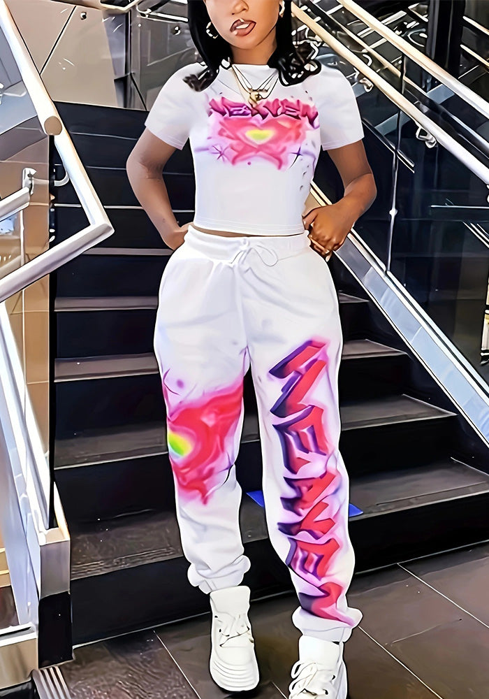 Spring Printed Fashionable Short Sleeve Two Piece Pants Set for Women