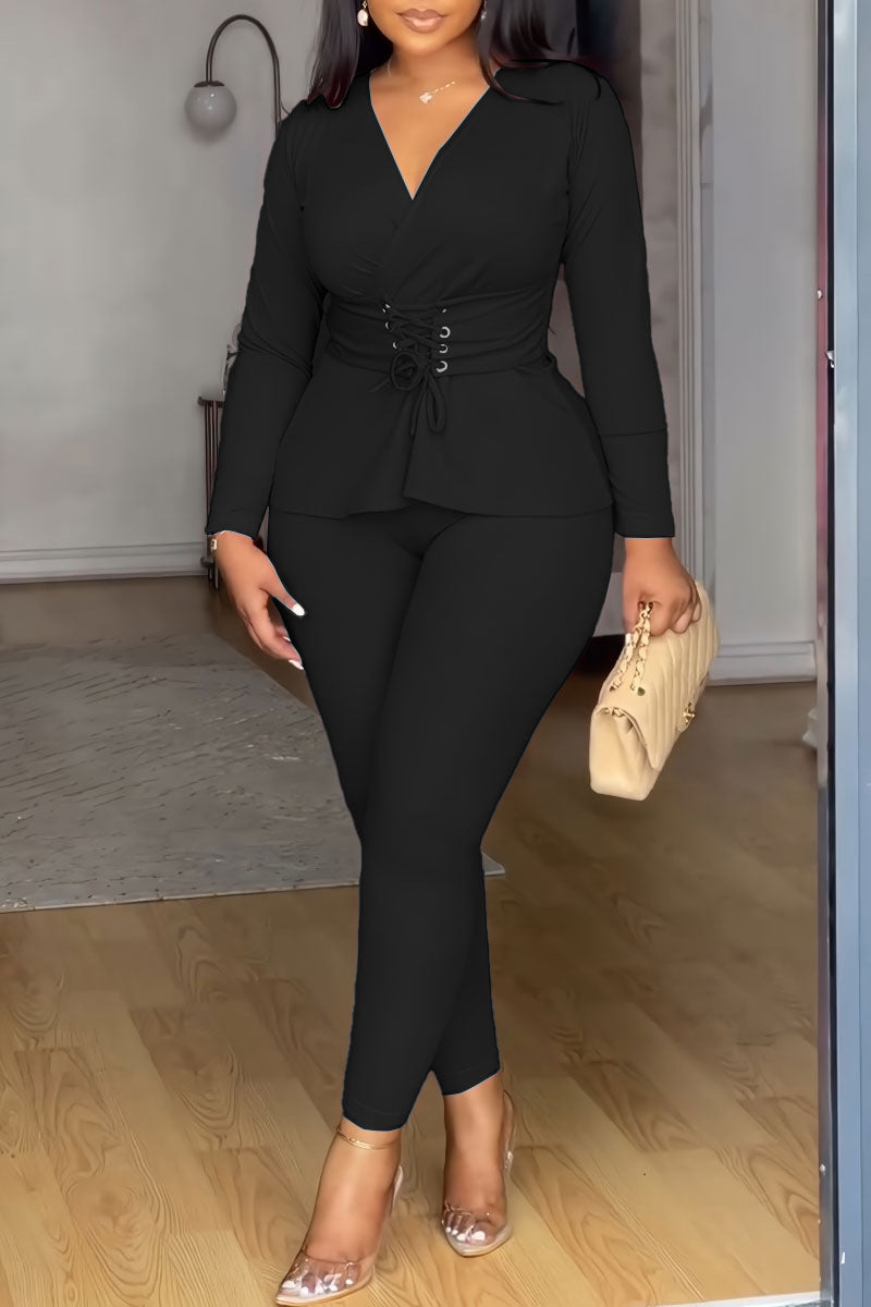 Solid Color V-Neck Slim Waist Long-Sleeved Pants Set 4