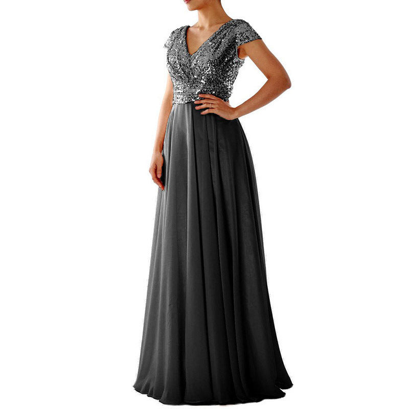 Women Summer V Neck Sequined Chiffon Patchwork Evening Dress 14