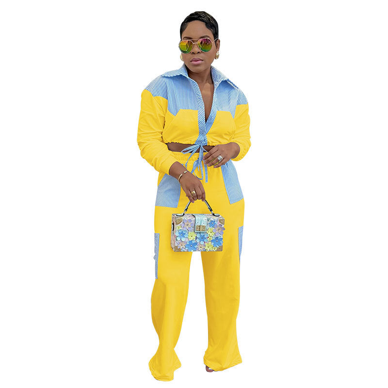 Women Casual striped color-blocked long-sleeved shirt and trousers two-piece set 8