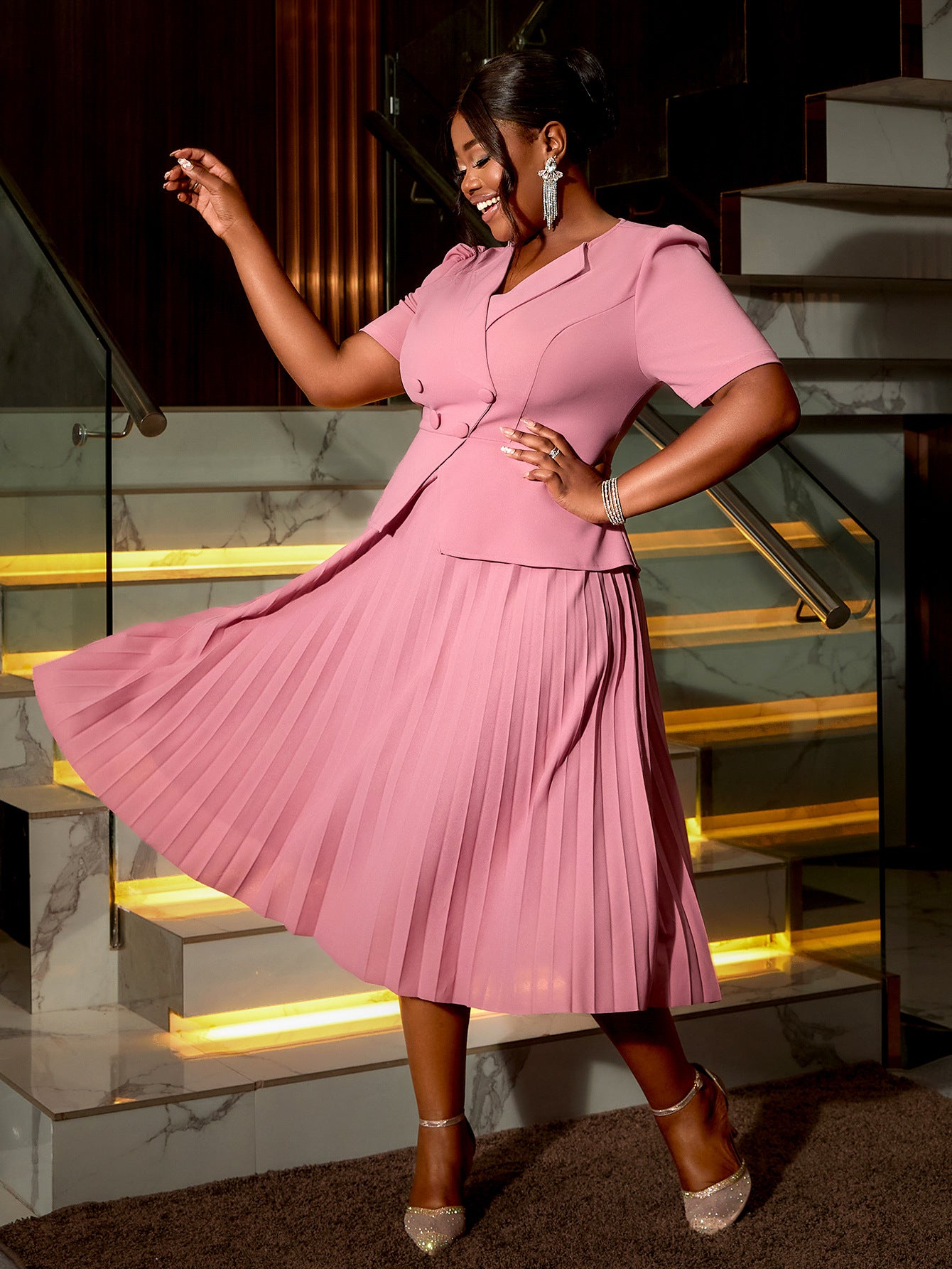 Women Turndown Collar Elegant party pleated dress 4