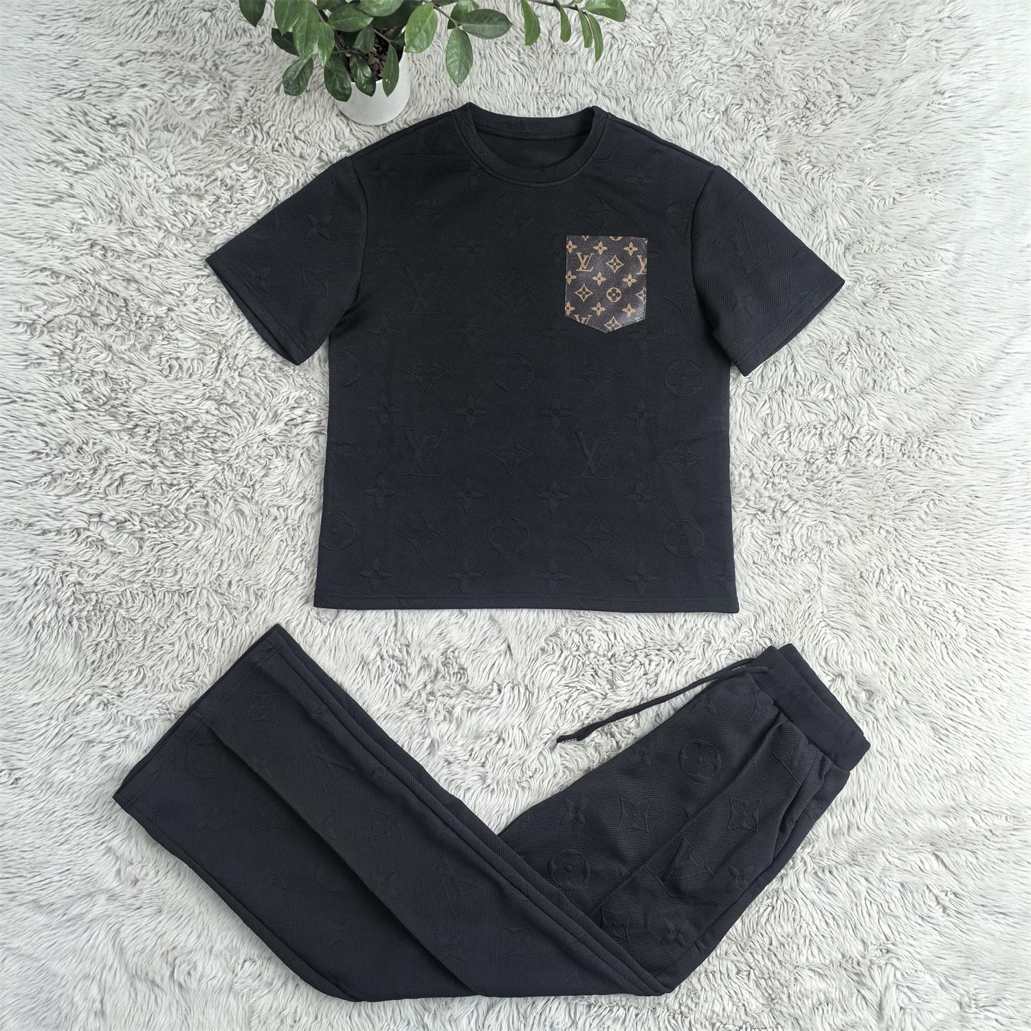 Women casual Pu-Leather pocket short-sleeved top and long pants jacquard two-piece set 7