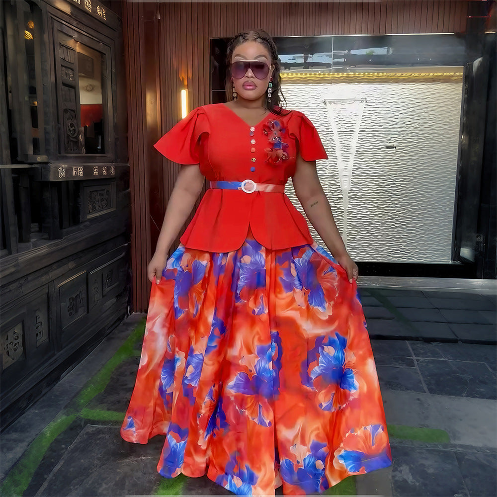 Print Button A-Line Plus Size Dress 3