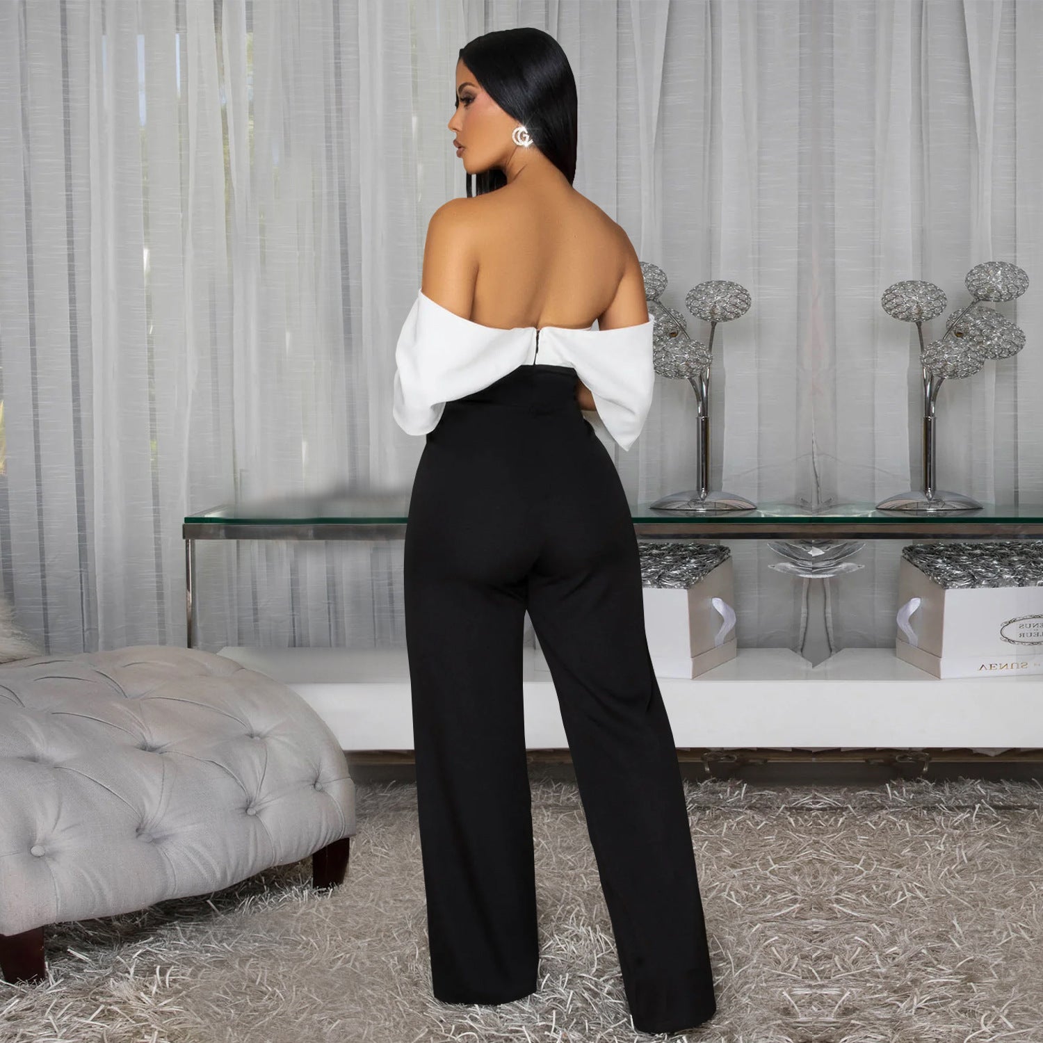 Women Casual V-Neck Backless Wide-Leg Jumpsuit 4