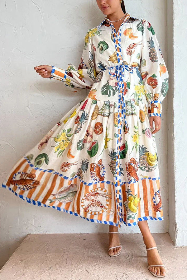 Autumn Single-Breasted Graffiti Print Belt Long Sleeve Casual Shirt Dress 6