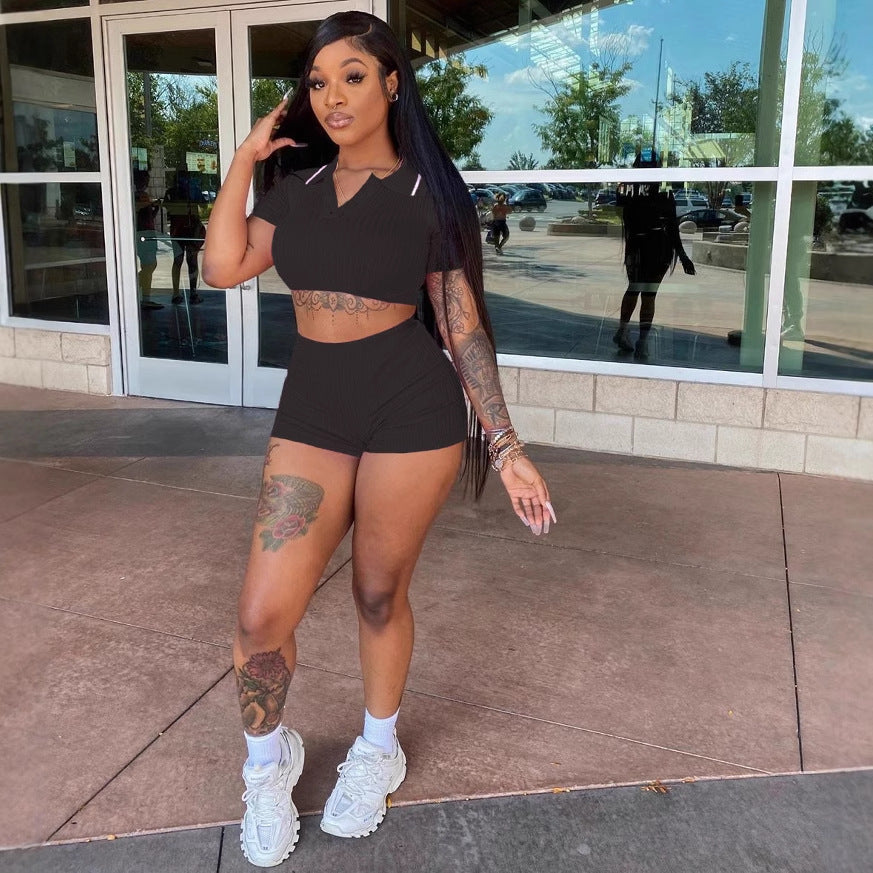 Women's Sports Casual Cropped Top Shorts Solid Color Two-piece Set 7
