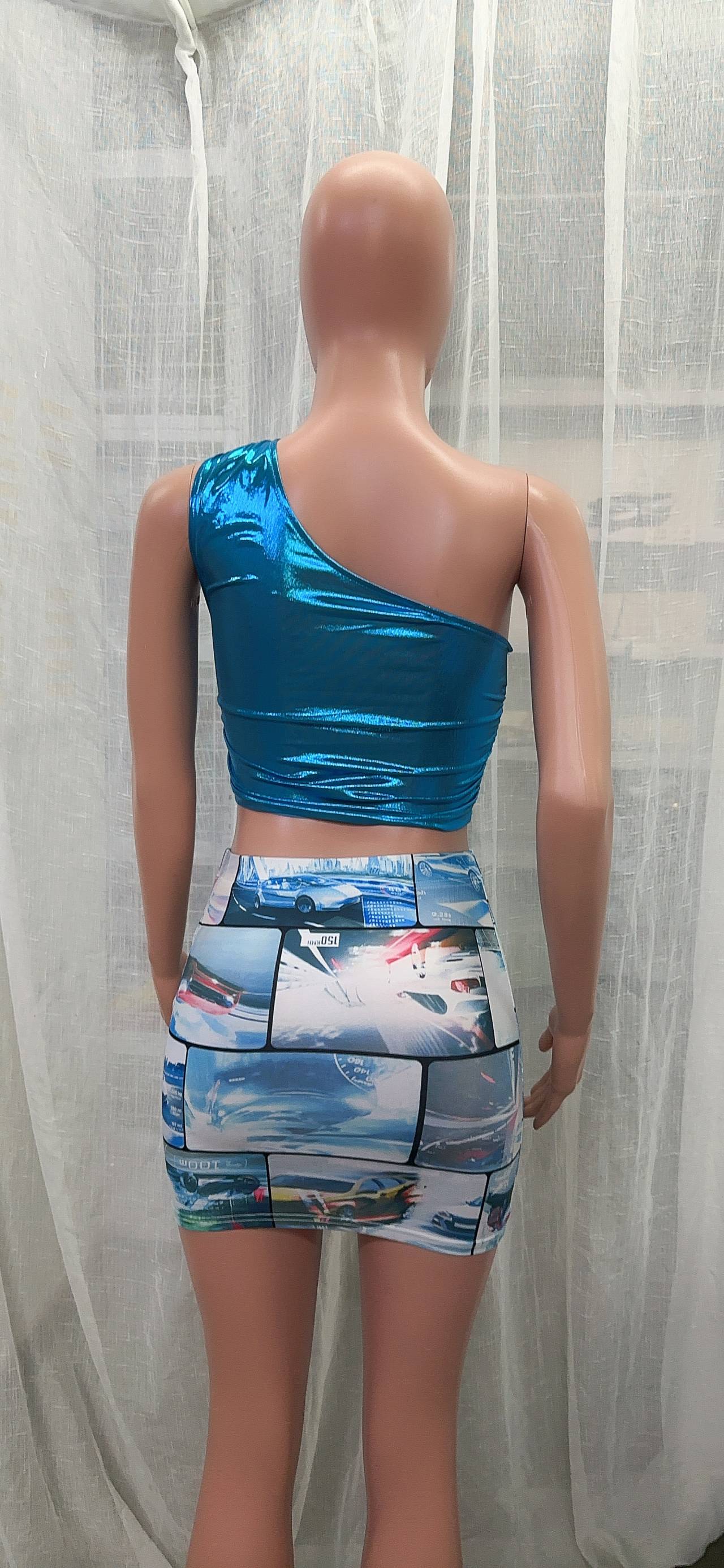 Outdoor Wear Women's Multicolor Shiny One Shoulder Top Faux Leather Print Skirt Two Piece Set 12