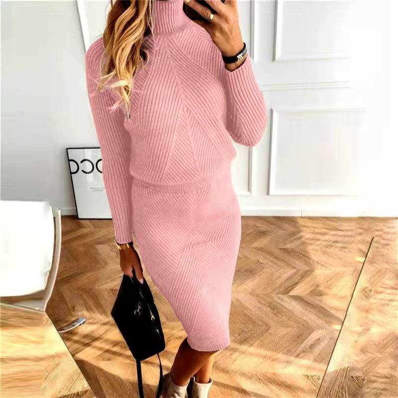 Women turtleneck knitting Solid sweater and Skirt two-piece set 4