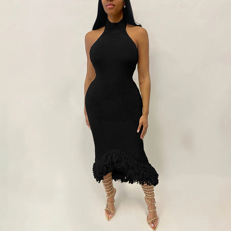 Spring Women's Sexy Halter Neck Low Back High Waist Slim Bodycon Knitting Dress