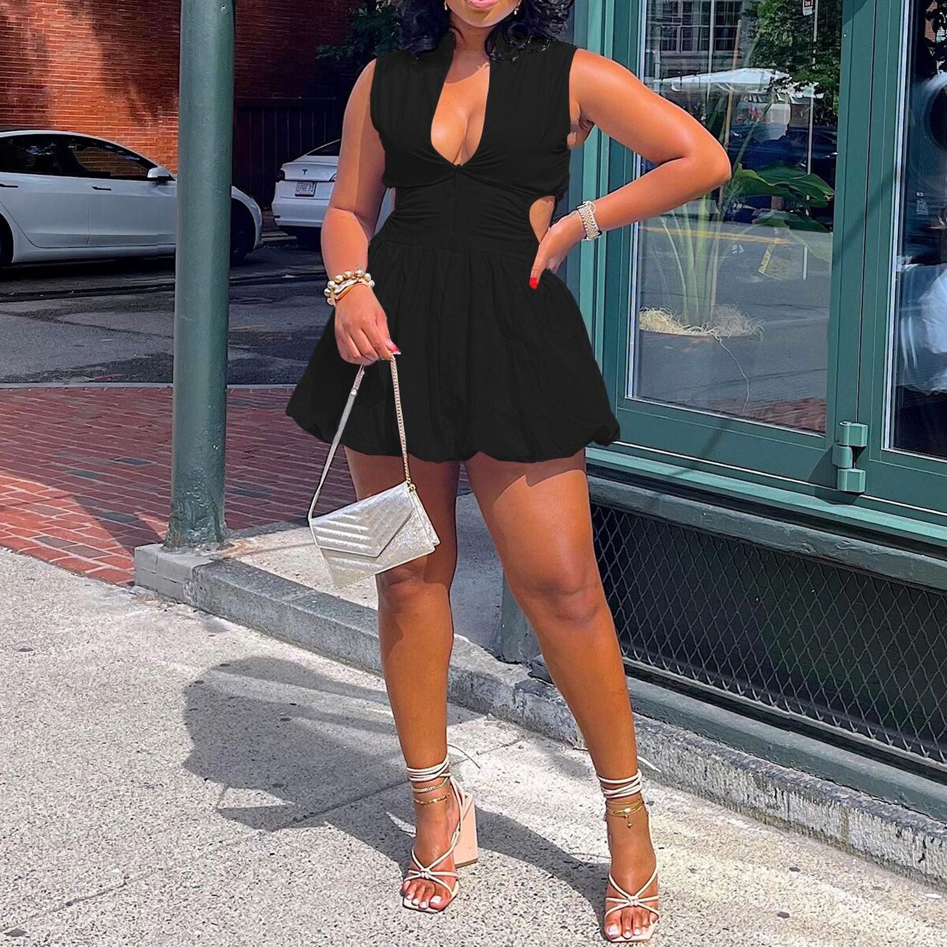 Casual Fashion Solid Color Slim Waist Cutout Puffy V-Neck Dress