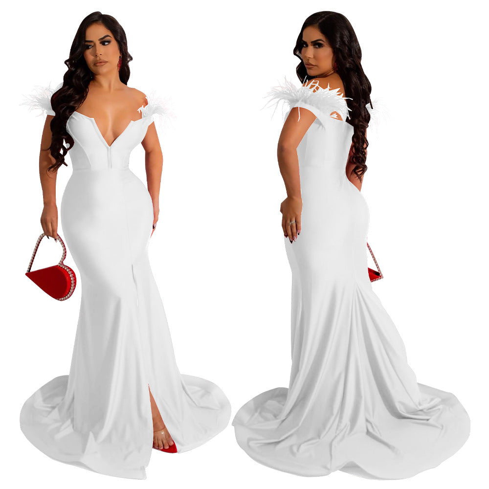 Women solid color v-neck sleeveless slit mermaid dress evening dress 5