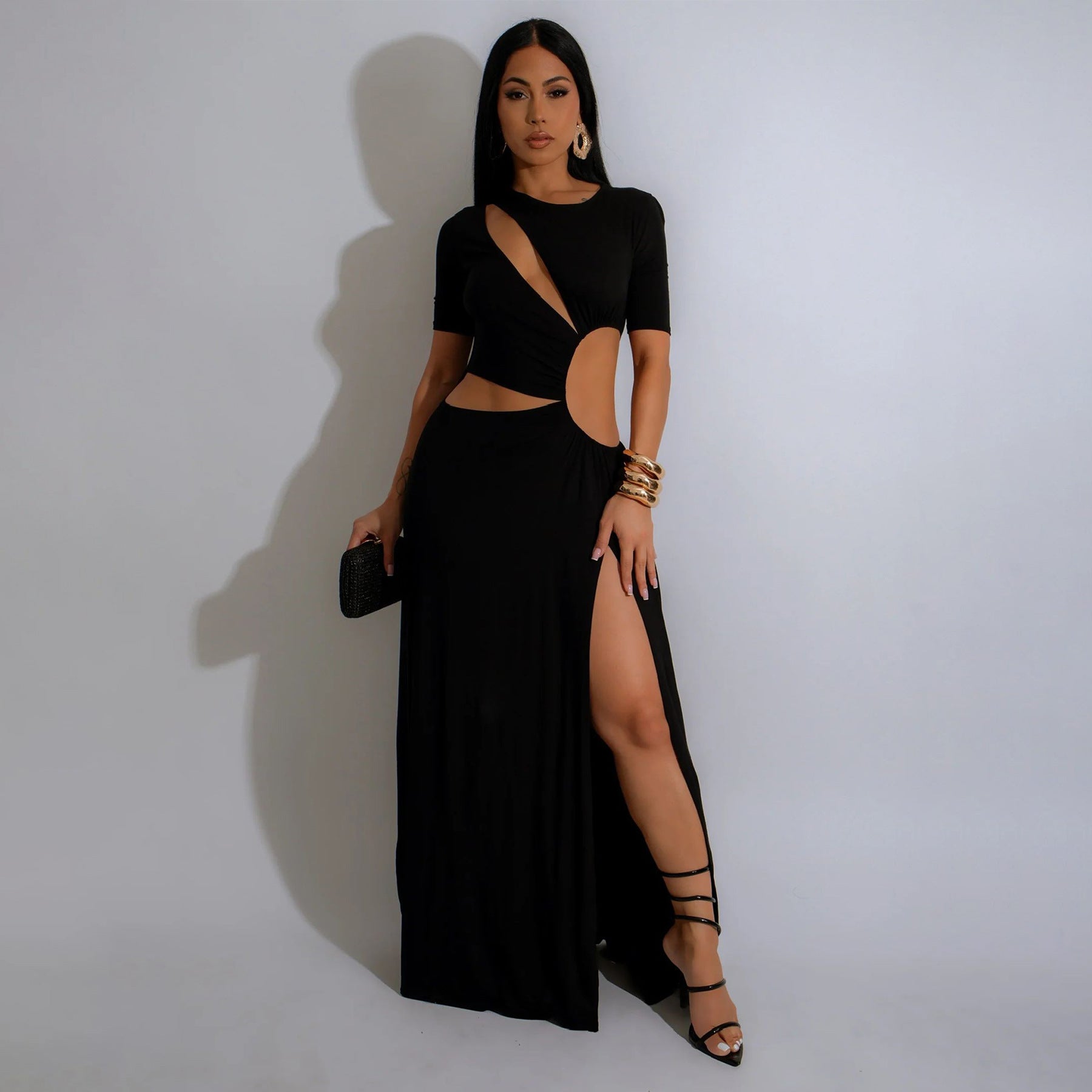 Women's Sexy Hollow Waist Irregular Long Solid Color Slit Dress 6