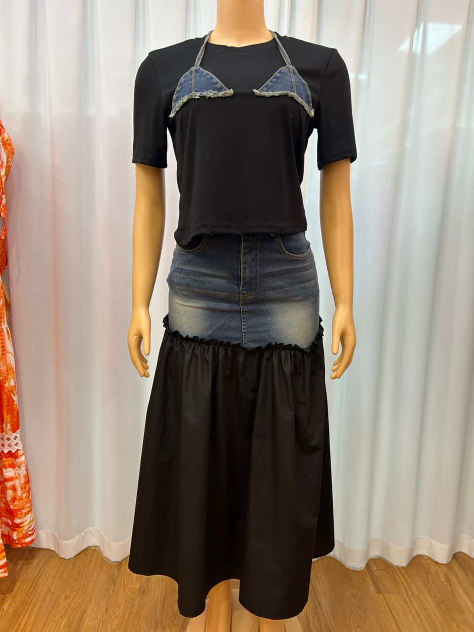 Fashion Denim Patchwork Contrast Color T-Shirt Skirt Two-Piece Set 8